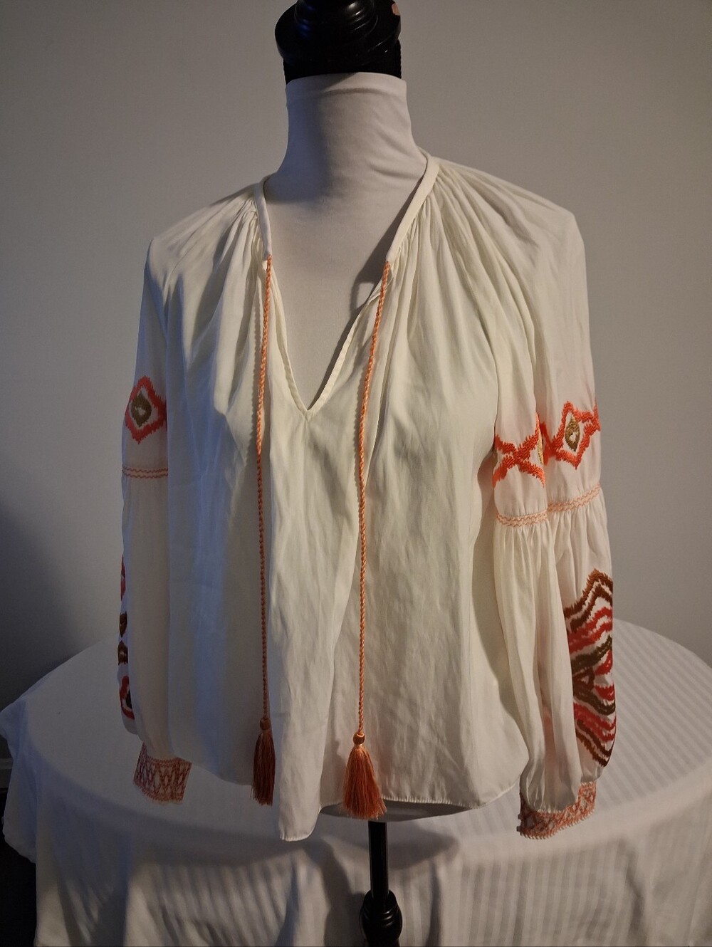 Embroidered Peasant Blouse With Tassels Size Small